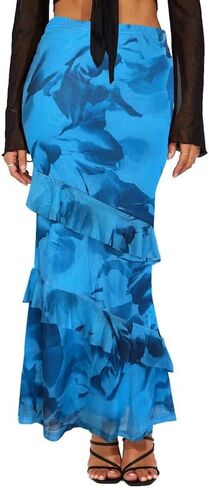 WISFRUIT Women's Floral Print Mesh Maxi Skirt Tiered Ruffle High Waisted Flowy Summer Long Skirt in Kuwait