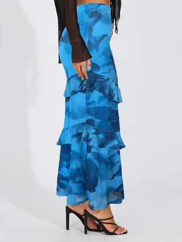 WISFRUIT Women's Floral Print Mesh Maxi Skirt Tiered Ruffle High Waisted Flowy Summer Long Skirt in Kuwait