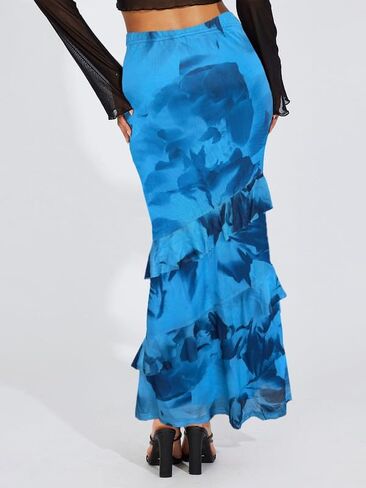 WISFRUIT Women's Floral Print Mesh Maxi Skirt Tiered Ruffle High Waisted Flowy Summer Long Skirt in Kuwait