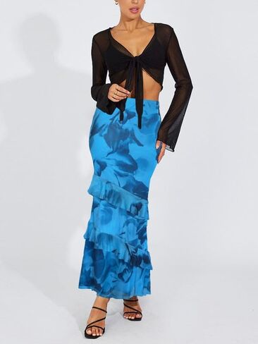 WISFRUIT Women's Floral Print Mesh Maxi Skirt Tiered Ruffle High Waisted Flowy Summer Long Skirt in Kuwait