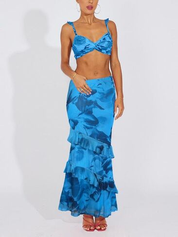 WISFRUIT Women's Floral Print Mesh Maxi Skirt Tiered Ruffle High Waisted Flowy Summer Long Skirt in Kuwait