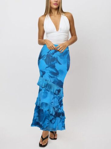 WISFRUIT Women's Floral Print Mesh Maxi Skirt Tiered Ruffle High Waisted Flowy Summer Long Skirt in Kuwait