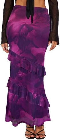 WISFRUIT Women's Floral Print Mesh Maxi Skirt Tiered Ruffle High Waisted Flowy Summer Long Skirt in Kuwait