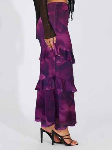WISFRUIT Women's Floral Print Mesh Maxi Skirt Tiered Ruffle High Waisted Flowy Summer Long Skirt in Kuwait