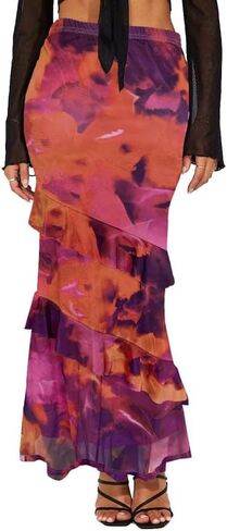 WISFRUIT Women's Floral Print Mesh Maxi Skirt Tiered Ruffle High Waisted Flowy Summer Long Skirt in Kuwait