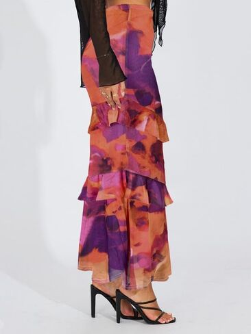 WISFRUIT Women's Floral Print Mesh Maxi Skirt Tiered Ruffle High Waisted Flowy Summer Long Skirt in Kuwait