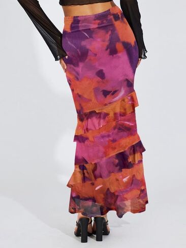 WISFRUIT Women's Floral Print Mesh Maxi Skirt Tiered Ruffle High Waisted Flowy Summer Long Skirt in Kuwait