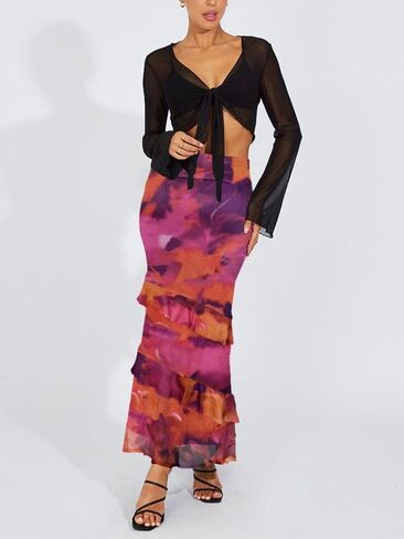 WISFRUIT Women's Floral Print Mesh Maxi Skirt Tiered Ruffle High Waisted Flowy Summer Long Skirt in Kuwait