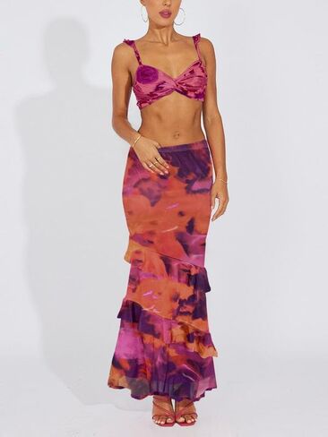 WISFRUIT Women's Floral Print Mesh Maxi Skirt Tiered Ruffle High Waisted Flowy Summer Long Skirt in Kuwait