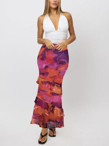 WISFRUIT Women's Floral Print Mesh Maxi Skirt Tiered Ruffle High Waisted Flowy Summer Long Skirt in Kuwait