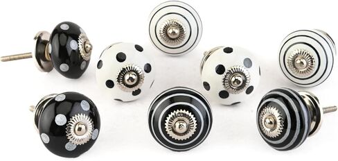 Perilla Home Printed Ceramic Knobs for Cabinet Vintage Kitchen - Set of 8 Assorted Decorative Cupboard Door & Wardrobe Drawer Pulls Chrome Hardware Handle Mix Design Knobs (White & Black) in Kuwait