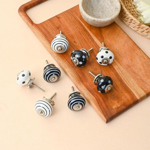 Perilla Home Printed Ceramic Knobs for Cabinet Vintage Kitchen - Set of 8 Assorted Decorative Cupboard Door & Wardrobe Drawer Pulls Chrome Hardware Handle Mix Design Knobs (White & Black) in Kuwait