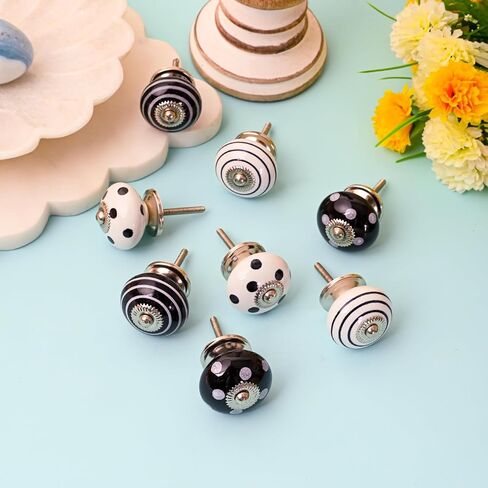 Perilla Home Printed Ceramic Knobs for Cabinet Vintage Kitchen - Set of 8 Assorted Decorative Cupboard Door & Wardrobe Drawer Pulls Chrome Hardware Handle Mix Design Knobs (White & Black) in Kuwait