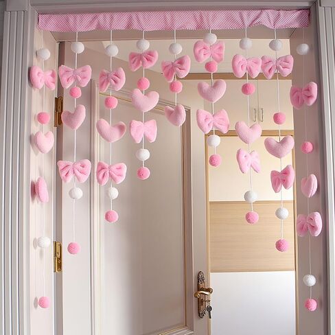 Kawaii Fluffy Plush Door Curtain 33" W x 36" L Self-Adhesive Cute Pink Bow Heart-Shaped Window Wall Curtain for Living Room and Bedroom Decor in Saudi Arabia