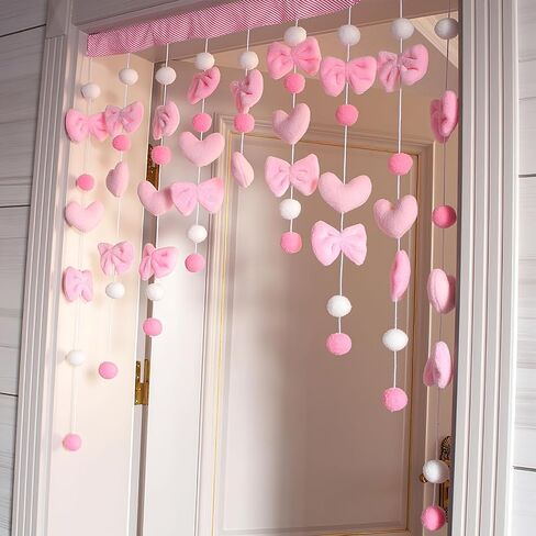 Kawaii Fluffy Plush Door Curtain 33" W x 36" L Self-Adhesive Cute Pink Bow Heart-Shaped Window Wall Curtain for Living Room and Bedroom Decor in Saudi Arabia