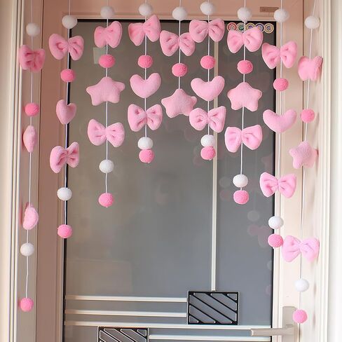 Kawaii Fluffy Plush Door Curtain 33" W x 36" L Self-Adhesive Cute Pink Bow Heart-Shaped Window Wall Curtain for Living Room and Bedroom Decor in Saudi Arabia