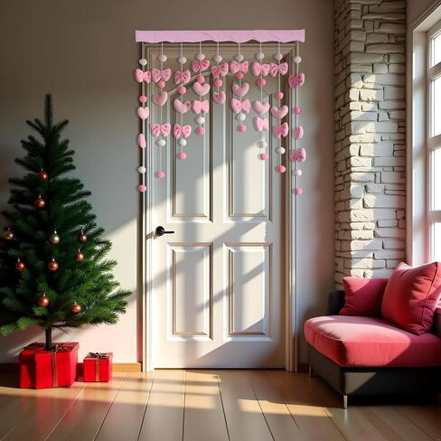 Kawaii Fluffy Plush Door Curtain 33" W x 36" L Self-Adhesive Cute Pink Bow Heart-Shaped Window Wall Curtain for Living Room and Bedroom Decor in Saudi Arabia