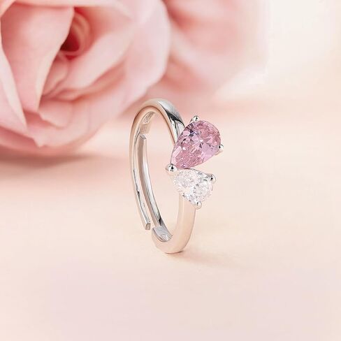 925 Silver Pink Cubic Zirconia American Diamond Toi et Moi حلقة قابلة للتعديل للنساء | شهادة الأصالة وختم 925 in Saudi Arabia