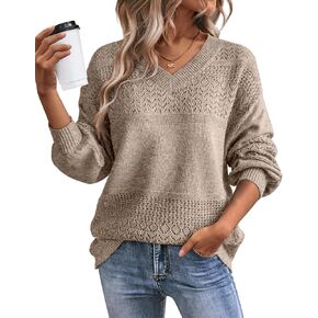 ATHMILE Sweaters for Women Fall Outfits Oversized Long Sleeve V Neck Crochet Sweaters Lightweight Knit Pullover Jumper in Saudi Arabia