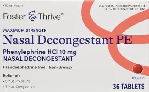 Nasal Decongestant PE Phenylephrine HCl 10 mg Maximum Strength Tablets 36 Count Non-drowsy for Sinus Pressure and Congestion Foster & Thrive in Saudi Arabia