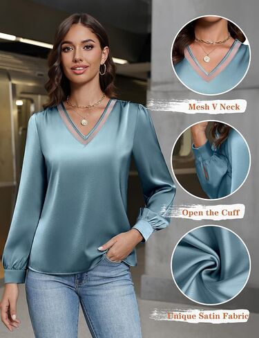 Blooming Jelly Womens Silk Business Dressy Casual Blouses Lace V Neck Long Sleeve Fall Tops Work Pleated Trendy Outfits in Saudi Arabia