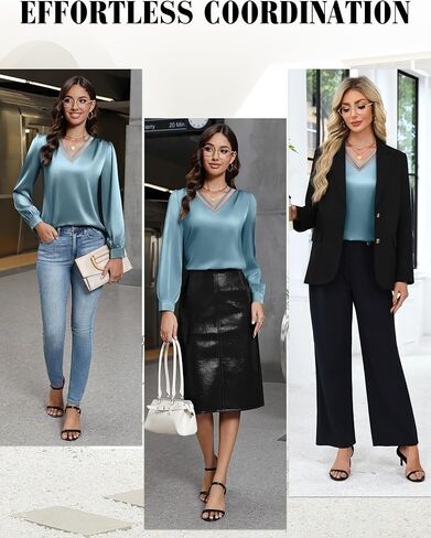 Blooming Jelly Womens Silk Business Dressy Casual Blouses Lace V Neck Long Sleeve Fall Tops Work Pleated Trendy Outfits in Saudi Arabia