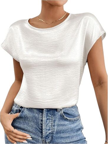 SweatyRocks Women's Crew Neck Satin Blouse Cap Short Sleeve Party Blouse Shirts Tops in Saudi Arabia