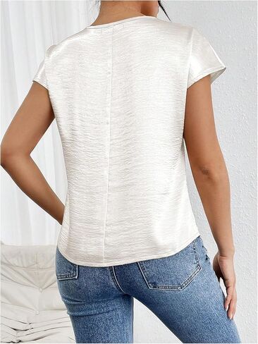 SweatyRocks Women's Crew Neck Satin Blouse Cap Short Sleeve Party Blouse Shirts Tops in Saudi Arabia