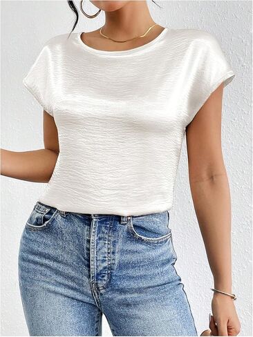 SweatyRocks Women's Crew Neck Satin Blouse Cap Short Sleeve Party Blouse Shirts Tops in Saudi Arabia