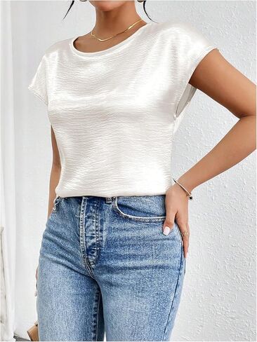 SweatyRocks Women's Crew Neck Satin Blouse Cap Short Sleeve Party Blouse Shirts Tops in Saudi Arabia