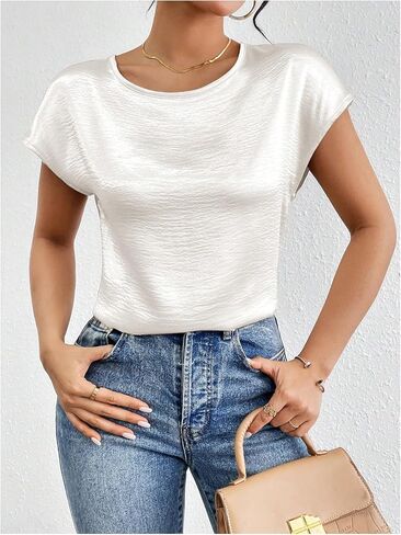 SweatyRocks Women's Crew Neck Satin Blouse Cap Short Sleeve Party Blouse Shirts Tops in Saudi Arabia