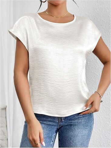 SweatyRocks Women's Crew Neck Satin Blouse Cap Short Sleeve Party Blouse Shirts Tops in Saudi Arabia