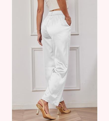 zsangbee Women's Satin Wide Leg Pants High Waisted Work Pants Party Dress Trouser Casual Slacks in Kuwait