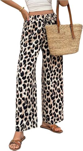 GORGLITTER Women's Leopard Cheetah Print Pants Trendy Animal Wide Leg Elastic Waist Drawstring Loose Joggers Pant in Kuwait