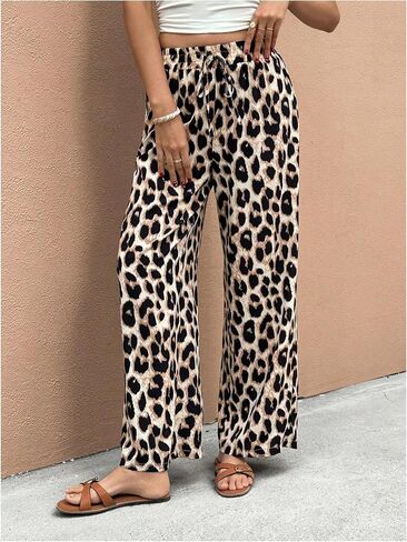 GORGLITTER Women's Leopard Cheetah Print Pants Trendy Animal Wide Leg Elastic Waist Drawstring Loose Joggers Pant in Kuwait
