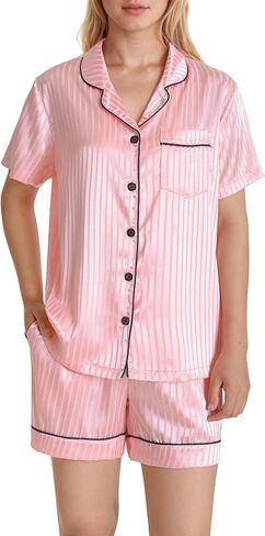 Latuza Women's Striped Satin Pajama Set Shorts Button Down Pjs in Saudi Arabia