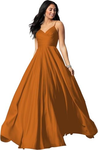 TIRAS Spaghetti V Neck Prom Dresses for Women Long Ball Gown Ruched Satin Evening Party Gown with Pockets CM139 in Saudi Arabia