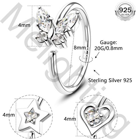 melighting 20g خاتم الأنف هوب 925 الجنيه الاسترليني الفضة غير سلسة أنف مفتوحة ثقب القلب الحلزوني القلق صافا CZ 8 مم القرط القرط المجوهرات للنساء in Saudi Arabia