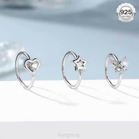 melighting 20g خاتم الأنف هوب 925 الجنيه الاسترليني الفضة غير سلسة أنف مفتوحة ثقب القلب الحلزوني القلق صافا CZ 8 مم القرط القرط المجوهرات للنساء in Saudi Arabia