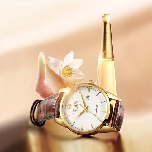 الساعات الكلاسيكية للسيدات Gold Wristwatch Quartz Watches Ladies Brown Leather Leather Ladies Gifts R0101L in Kuwait