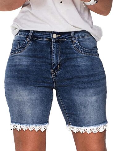 Flamingals Lace Trim Jean Shorts for Women Raw Hem Mid Waist Denim Shorts in Saudi Arabia