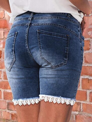 Flamingals Lace Trim Jean Shorts for Women Raw Hem Mid Waist Denim Shorts in Saudi Arabia