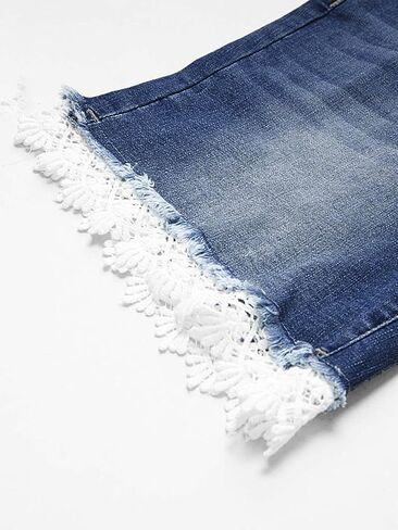 Flamingals Lace Trim Jean Shorts for Women Raw Hem Mid Waist Denim Shorts in Saudi Arabia