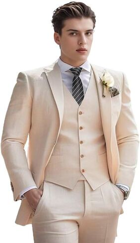 Men's Linen Suit 3 Piece Summer Slim Fit Retro Blazer Suits Set Beach Wedding Party Groomsmen Prom Jacket Vest Pants in Saudi Arabia