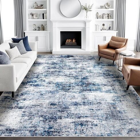 8x10 Area Rugs for Living Room: Large Washable Rug Neutral Abstract Non-Slip Low Pile Carpet for Bedroom Living Room Kitchen Office (Blue, 8'x10') in Saudi Arabia