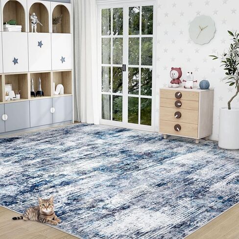 8x10 Area Rugs for Living Room: Large Washable Rug Neutral Abstract Non-Slip Low Pile Carpet for Bedroom Living Room Kitchen Office (Blue, 8'x10') in Saudi Arabia