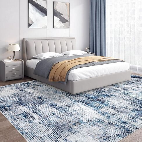 8x10 Area Rugs for Living Room: Large Washable Rug Neutral Abstract Non-Slip Low Pile Carpet for Bedroom Living Room Kitchen Office (Blue, 8'x10') in Saudi Arabia