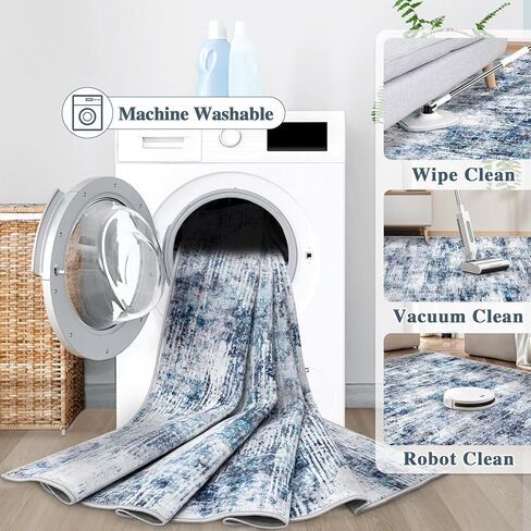 8x10 Area Rugs for Living Room: Large Washable Rug Neutral Abstract Non-Slip Low Pile Carpet for Bedroom Living Room Kitchen Office (Blue, 8'x10') in Saudi Arabia