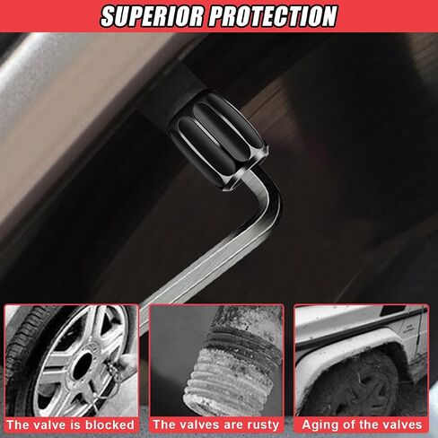 4 PCS Locking Car Tire Valve Stem Caps, Anti-Theft Wheel Valve Covers with Rubber Seal, Dust Proof Tire Air Stem Cover, Universal Auto Accessories for Car SUV Truck Motorcycle Bike (Black) in Kuwait
