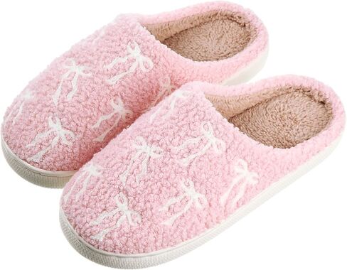 Pink Bow Slippers for Women Cute Coquette Bow Slippers Plush Fluffy Warm Fur Lined House Winter Home Shoes Women Indoor Outdoor in Saudi Arabia